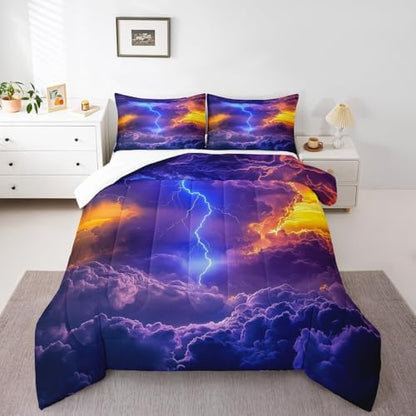 Homewish Cool Lightning Comforter Set,Natural Scenery Bedding Set for Kids Girls Boys,Teens Adults Starry Sky Comforter,Cloud Pattern Quilted Duvet Set Bedroom Collection Twin Size 2Pcs