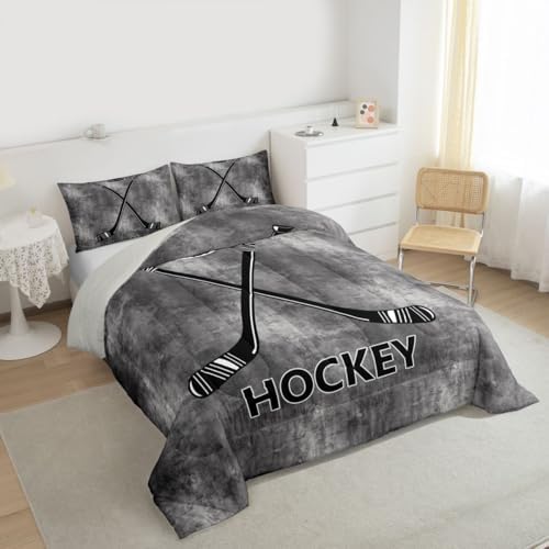 Ice Hockey Bedding Set Full Size,Vintage Gray Tie Dye Comforter Set 3pcs for Kids Boys Men Room Decor,Black Hockey Punk Quilt Set Winter Ball Sports Game Duvet Insert,2 Pillowcases