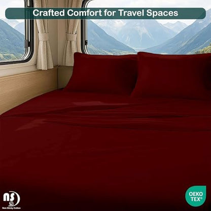 NON Sticky cotton RV Short Queen 4 Piece Sheet Set, 100% Long Staple Cotton, Soft Cooling Hotel Luxury Bedding Sheets, Deep Pocket Fits 15" Mattress, 60" x 75", Burgundy Solid