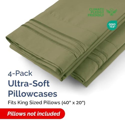 King Pillow Cases Set of 4 - Ultra Soft Pillowcase Covers - Sage Green