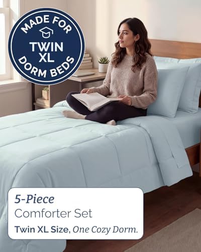 Twin XL Comforter Set - 5 Piece Bed in a Bag Twin XL Size - Ice Blue
