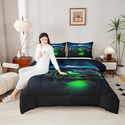 Erosebridal Green Racing Car 3 Pieces Bedding Set King Size Extreme Sports Comforter Set with Pillowcases for Kids Boys Girls Teens Toddler Race Car Room Decor Soft Lightweight