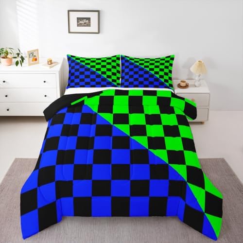 Feelyou Checkered Retro Comforter Set All Season Modern Geometric Cute Bedding Set with 1 Pillow Cases Blue Green Kids Toddler Bedclothes Vintage Simple Groovy Aesthetic Bedroom Decor Duvet Quilt