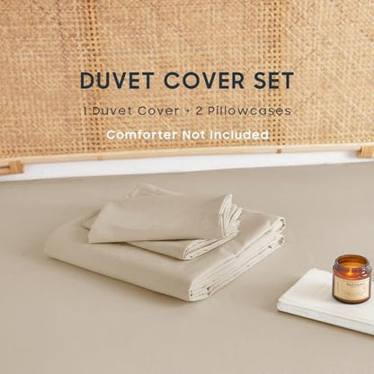 Wake In Cloud - Cotton Duvet Cover Set, 100% Washed Cotton, Linen Like Textured, Breathable Durable Comfy Farmhouse Neutral Bedding Set, 3 Pieces, Khaki Linen, Twin/Twin XL Size