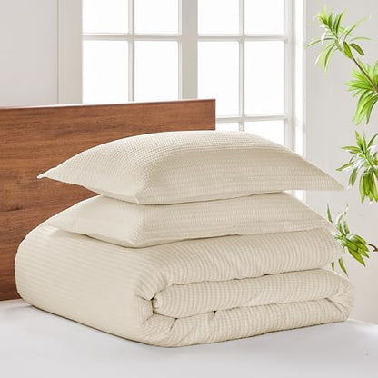 Levtex Home Cloud Waffle Full/Queen Comforter Set (90x94in) with 2 Pillow Shams (26x20in) - Solid Waffle Cotton Texture - Undyed Cream - Cotton Full/Queen Size Comforter Set - Soft, Pre-Washed