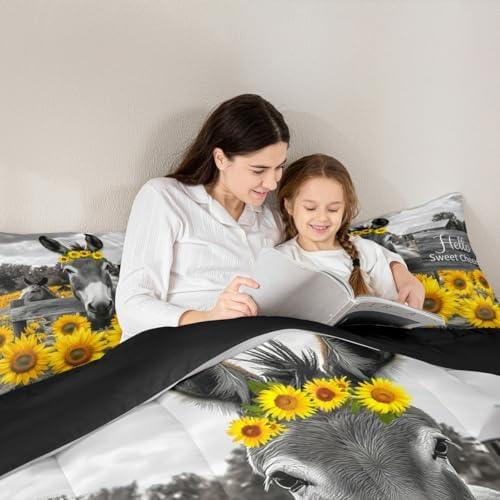 Erosebridal Donkey Comforter Set Twin Size - Funny Farm Animal Bedding 2 Piece for Boys Girls Kids - Rustic Farmhouse Sunflower Duvet Insert With Cute Print Quilt and 1 Pillowcase