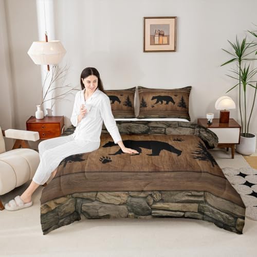 Rustic Bear Comforter Set Twin Size,Wild Animal Hunting Bedding Set 2pcs,Farmhouse Cabin Vintage Woodland Wildlife Down Comforter for All Season,Kids Boys Teens Room Decor,1 Pillowcase,No Sheets