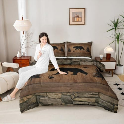 Rustic Bear Comforter Set Twin Size,Wild Animal Hunting Bedding Set 2pcs,Farmhouse Cabin Vintage Woodland Wildlife Down Comforter for All Season,Kids Boys Teens Room Decor,1 Pillowcase,No Sheets