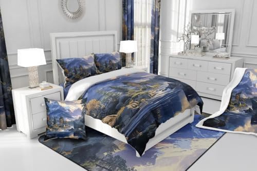 Lake House Comforter Set Twin Size,Snowmountain River Nature Scenery Bedding Set for Kids Boys Girls Room Decor,Camping Adventure Quilt Set 2Pcs,Natural Mountain Tree Duvet Insert,1 Pillowcase