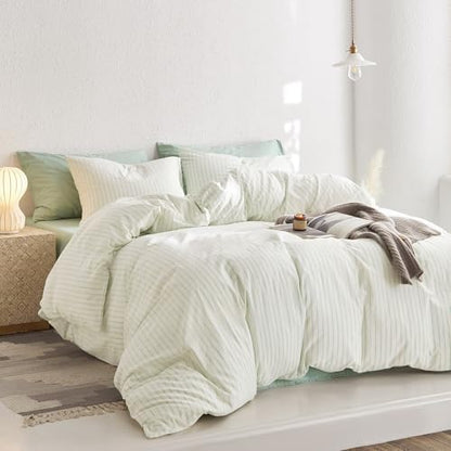 Wake In Cloud Striped Cotton Duvet Cover Set, Aqua White, Queen