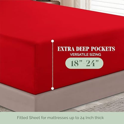 Elegant Comfort 1500 Premium Hotel Quality 18-24 Inches Deep - Extra Deep Pocket Single Fitted Sheet for High Mattress, Luxury and Softest, Smart Pocket - Wrinkle Free, Queen, Red