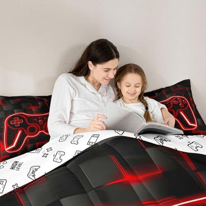 Feelyou Kids Gamer Comforter Set Twin Size Red Black Bedding Set Boys Teens