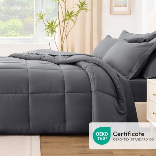 Love's cabin Full Comforter Set Soot Grey, 7 Pieces Full Bed in a Bag, All Season Bedding Sets with 1 Comforter, 1 Flat Sheet, 1 Fitted Sheet, 2 Pillowcase and 2 Pillow Sham