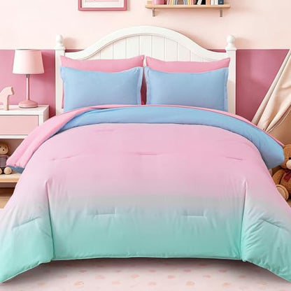 Dinjoy Girls Comforter Set 6 Pieces, Twin Size Colorful Ombre Rainbow Bedding Set, Bed in A Bag for Kid Teen Girls (1 Comforter, 1 Flat Sheet, 1 Fitted Sheet, 1 Pillow Shams, 2 Pillowcases)