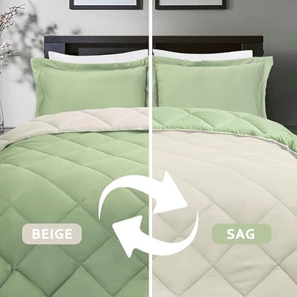 HIG 3pc Sage/Beige Queen Size Bedding Comforter Set Duvet Insert Blanket
