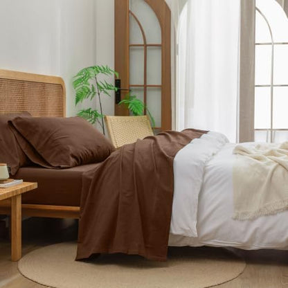 BESTOUCH Sheet Set 100% Washed Cotton Linen Feel Super Soft Comfortable Chic Lightweight 4 Pcs Home Bedding Set Solid Cocoa Brown Queen
