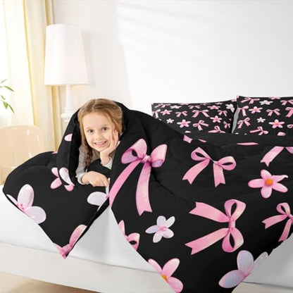 jejeloiu Watercolor Bow Kids Comforter Set Full Size Kawaii Bowknot Bedding Set Dreamy Princess Style Duvet Quilt for Kids Boys Girls Bedroom Cute Bow Decor Microfiber Ultra Soft Breathable