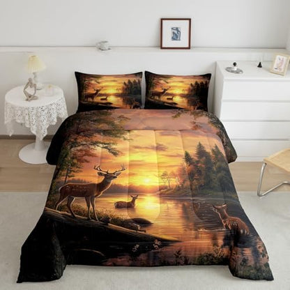 Feelyou Deer Comforter Sets Toddler Size for Boys Kids Teens,Wild Animal Bedding Sets Hunting Comforter Sets Woodland Moose Wildlife Forest Bed Set, with 1 Comforter 1 Pillowcase
