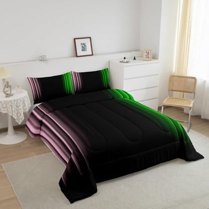 Feelyou Teens Abstract Ombre Decorations Bedding Set for Kids Women Pink Green and Black Comforter Set Geometric Modern Quilt Set Room 3Pcs Queen Size