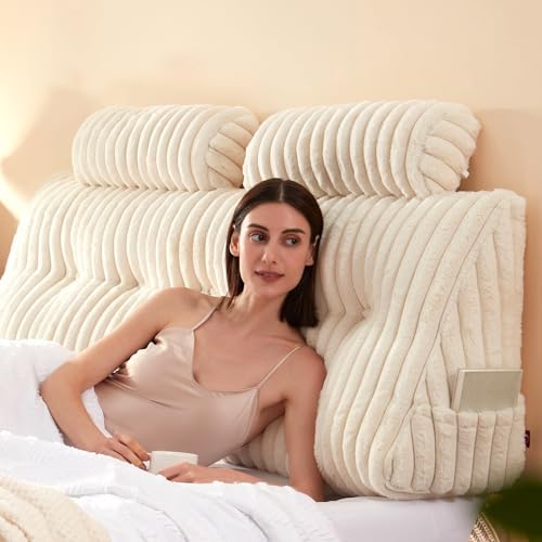 Rycwola Faux Fur Headboard Pillow with 2 Pack Neck Roll Pillow Large Headboard Pillow Soft and Supportive with Removable Cover (Beige, Queen)