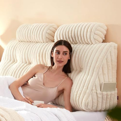 Rycwola Faux Fur Headboard Pillow with 2 Pack Neck Roll Pillow Large Headboard Pillow Soft and Supportive with Removable Cover (Beige, Queen)