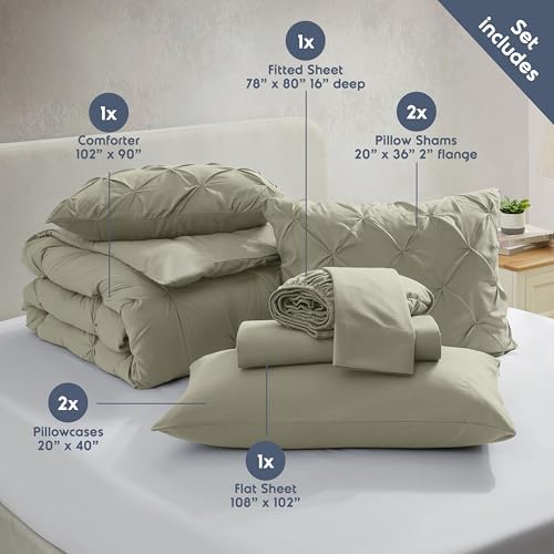 Nestl 9 Piece King Comforter Set – Light Sage Pinch Pleated Bed in a Bag – Complete King Size Bedding Set with Sheets, Set of 2 Cooling Pillows, Pillowcases and Shams