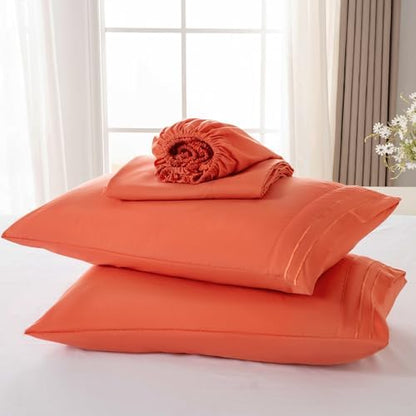 ROSE&RISY Orange Red Full Sheet Set, 4 Pieces Soft Bedding Sheet Set, Breathable and Cooling Sheet Bed Set,Includes 1 Fitted Sheet, 1 Flat Sheet, 2 Pillowvcases - Deep Pocket (Orange Red, Full Size)