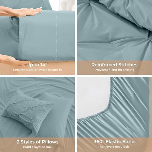 Sasttie Twin XL Comforter Set, 5-Piece Bed in a Bag, Pintuck Bedding Sets for All Season, Includes Comforter, Flat Sheet, Fitted Sheet, Pillowcase and Pillowsham, Greylish Blue