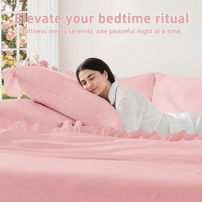 FUANNA Queen Sheets 4 Pieces - Pink Sheets with 4-Inch Ruffles Bed Skirt