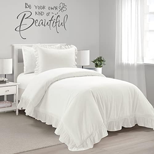 Lush Decor Reyna Ruffle Cotton Duvet Cover Set 2 Piece Set Twin XL, White - Cute Teen Bedding Set - White Duvet - Ruffled Bedding - Coquette Dorm Decor