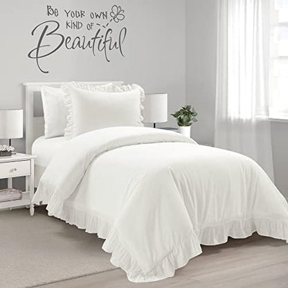 Lush Decor Reyna Ruffle Cotton Duvet Cover Set 2 Piece Set Twin XL, White - Cute Teen Bedding Set - White Duvet - Ruffled Bedding - Coquette Dorm Decor