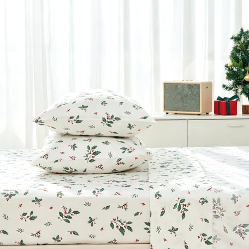 DAUAOTO Twin Cotton Sheets Set Christmas Printed Bedding Sets, Up to 14" Deep Mattress, Holiday Bedlinen Holly Berries Pattern