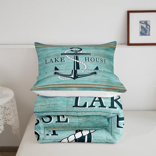 Manfei Anchor Comforter Set King Size, Nautical Theme Blue Wooden Plank Down Comforter with 2 Pillowcases, Lake House Bedding Set 3pcs for Kids Boys Teen Bedroom Decor Lightweight Duvet Insert
