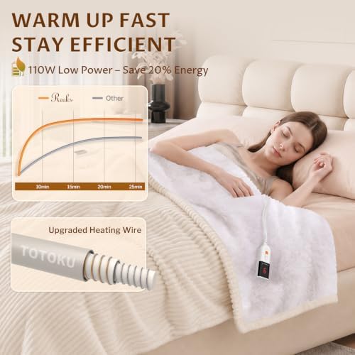 Reaks Heated Blanket Queen, 9 Heat Levels, 2-10H Auto-Off, 84"x90", Beige