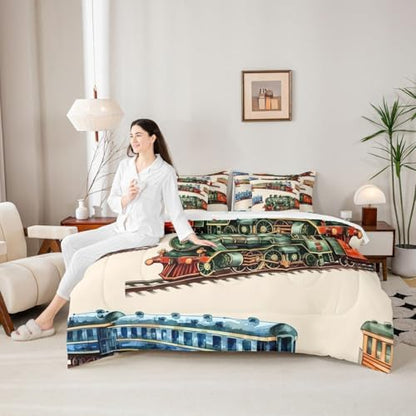 Erosebridal Boys Train Twin 7 Pieces Bedding Set for Home, Vintage Steam Train Bed in A Bag, Steam Engine Comforter Set with Sheets, Transportation Vehicle Bed Sets for Kids Teen Men Bedroom