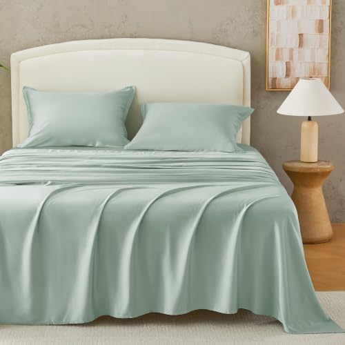 Andency Sateen Sheets Set, 100% Viscose Derived from Bamboo, Hotel Luxury Silky & Cooling for Hot Sleepers, Deep Pocket Up to 16", Sateen Green Queen