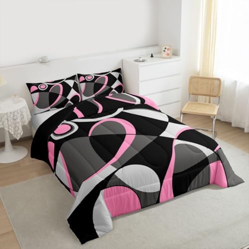 Feelyou Pink Grey and Black Comforter Retro Circle Geometrics Comforter Set Modern Abstract Art Bedding Set for Kids Boys Girls Geometrics Swirl Duvet Set Luxury Room Decor Quilt Set Queen Size