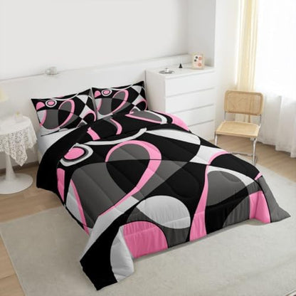 Feelyou Pink Grey and Black Comforter Retro Circle Geometrics Comforter Set Modern Abstract Art Bedding Set for Kids Boys Girls Geometrics Swirl Duvet Set Luxury Room Decor Quilt Set Queen Size