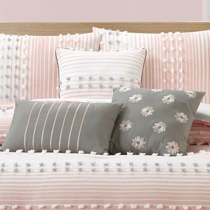 LANCO MODERN LIFESTYLE King Comforter Set, Pink, Jacquard Clip Striped Design, Elegant Soft 7 Pieces Bedding Set for All Seasons, Matching Bedskirt, Pillow Shams and Decor Pillows
