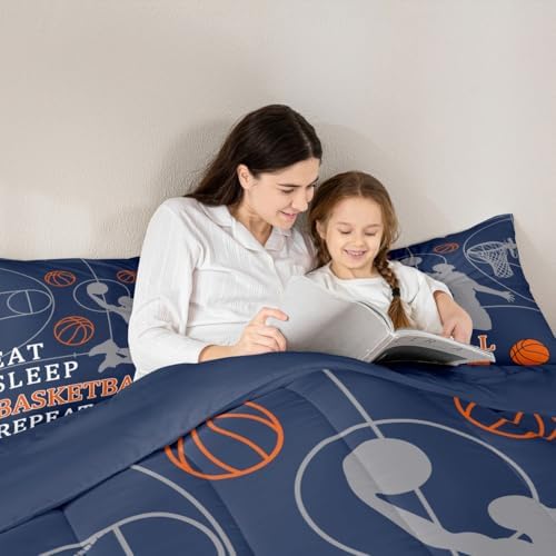 Castle Fairy Basketball Bed Comforter Set Queen Size,Balls Sport Game Navy Blue Super Soft Microfiber Bedding Set for Adults Men,Basketball Court Decorative Comforter Set,3 Pcs