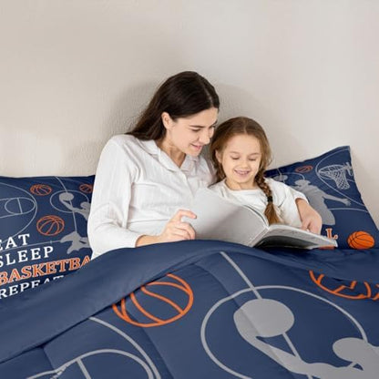 Castle Fairy Basketball Bed Comforter Set Queen Size,Balls Sport Game Navy Blue Super Soft Microfiber Bedding Set for Adults Men,Basketball Court Decorative Comforter Set,3 Pcs
