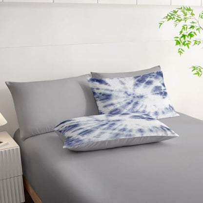7Pcs Comforter Set Blue Tie Dye Printed Bedding Set with 1 Comforter, 1 Flat Sheet, 1 Fitted Sheet and 4 Pillowcases for Boys and Girls Bedroom All Season(Tie Dye Queen)