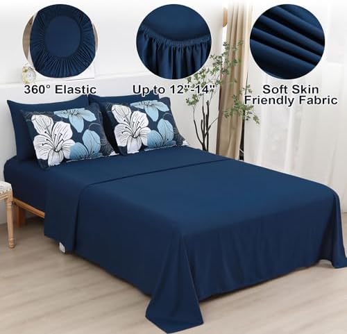 Luxudecor Navy Blue Comforter Set King Size, 7 Pieces Bed in a Bag Navy Blue Floral Comforter and Sheet Set, Soft Microfiber Complete Bedding Sets for All Seasons