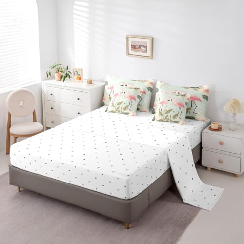 Erosebridal Flamingo 7 Piece Bedding Set Queen Tropical Hawaii Comforter Set with Sheets Cherry Blossom Branch Bed in a Bag Spring Romantic Style Bed Sets