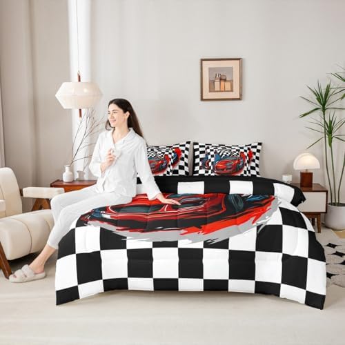 Erosebridal Racing 7 Piece Bedding Set Queen Size Race Car Competition Extreme Sports Bed in A Bag Red Automobile Comforter with Sheets Geometric Grid Cartoon Bed Sets