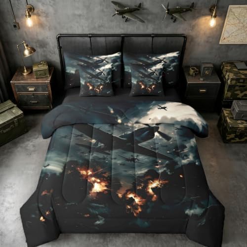 Erosebridal 7 Pcs Vintage Fighter Airplane Boys Bedding Set Queen Military Aircraft Comforter Set with Sheets for Kids Teens Men Realistic 3D Print Cloud Flame Aviation Bed in A Bag Plane Bed Sets