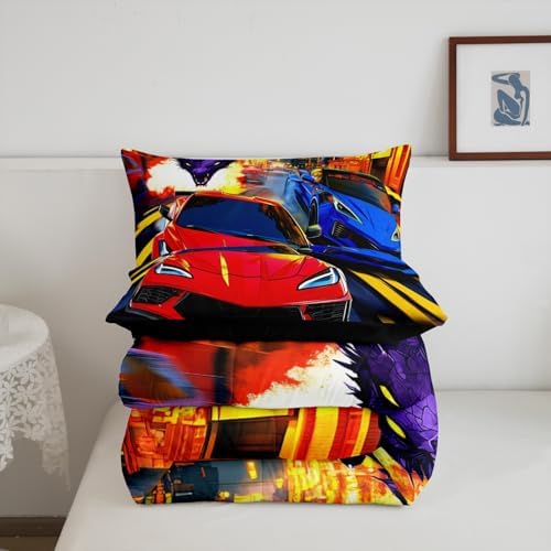 Feelyou Racing Car Bedding Set Queen Size Red Blue Racing Car Comforter Set for Kids Boys Teens Dinosaur Monster Duvet Set Fast and Furious Quilt Set 3Pcs