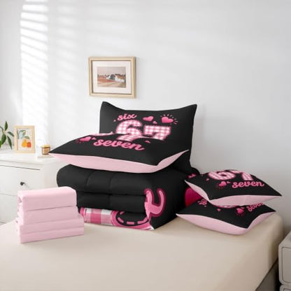 Erosebridal Pink Plaid 67 Girls King Bedding Set 7 Piece Cute Kawaii Princess Bed in A Bag with Sheets Romantic Coquette Comforter Set for Kids Teen Women,Girly Fashion Number Print Bed Set