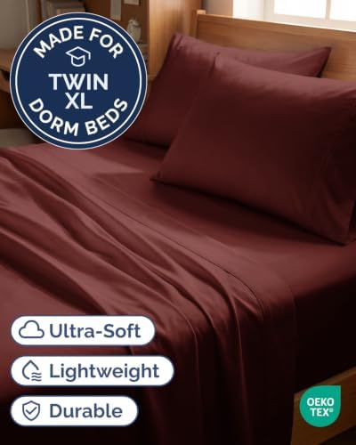 Twin XL 4 Piece Sheet Set - College Dorm Room Essentials - Oxblood