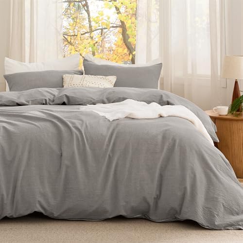 Bedsure PureWoven Cotton Comforter Set Prewashed, King, Grey Stone